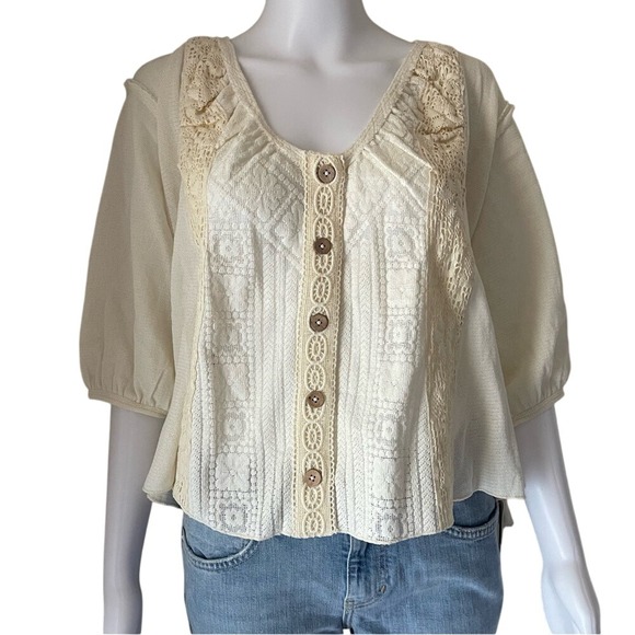 Free People Ivory Mae Slouchy V Neck Relaxed Button Up Blouson Sleeve Blouse XS - Picture 1 of 13